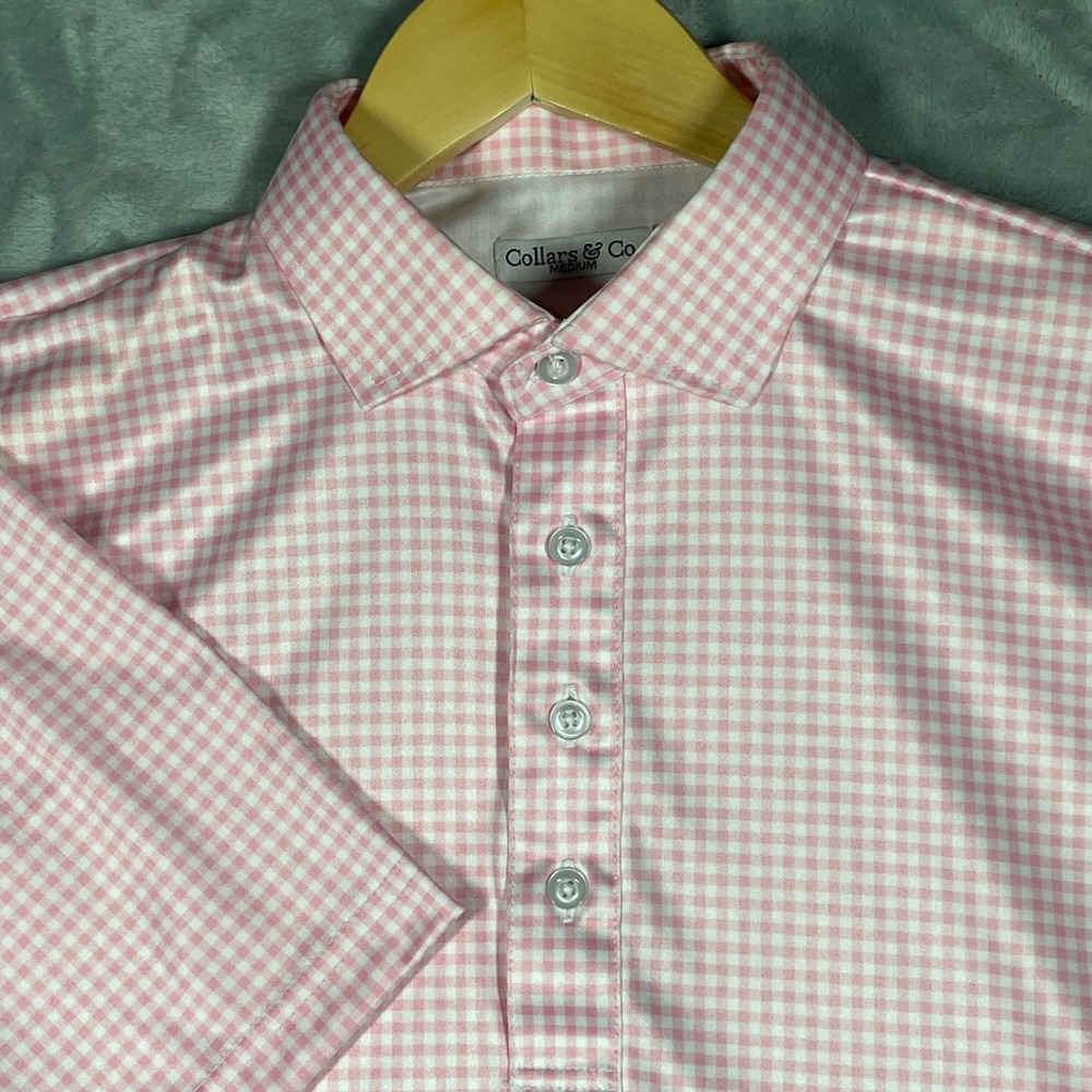 Collars & Co Mens Pink Gingham Performance Polo Shirt Short Sleeve Medium - Picture 1 of 7
